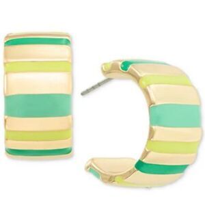 On 34th Women's Green Gold-Tone Striped Medium Hoop Earrings